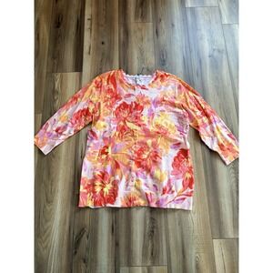 Isaac Mizrahi Live! Button Cardigan Sweater Womens L Orange Yellow Floral Spring